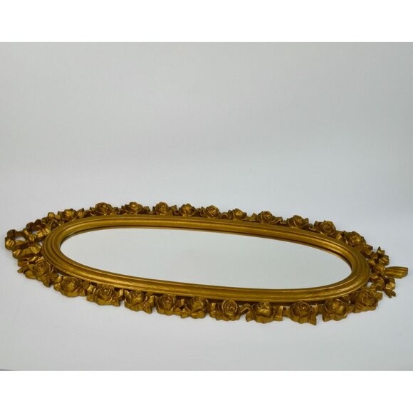 1970 Dart IND Vintage Gold Oval Rose Mirror Syroco ? Hollywood Regency - Picture 2 of 10